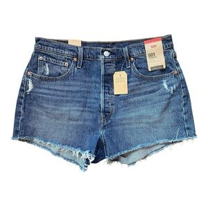 NWT Levi's 501 High-Rise Jean Shorts - Dark Indigo Blue + Frayed Hem Size 33